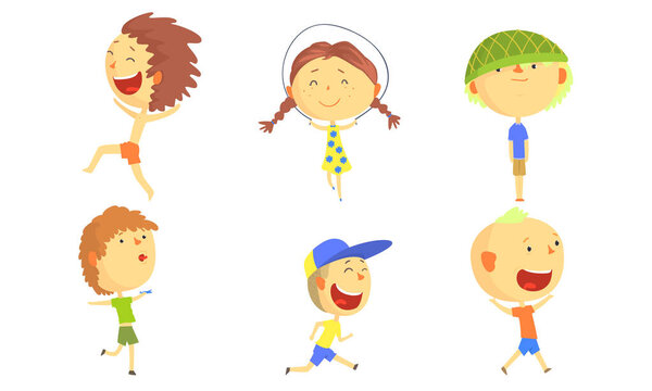 Children play and run on a summer vacation. Vector illustration.
