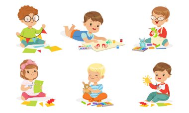 Erkekler ve kızlar yaratıcılıkla meşgul. Vektör illüstrasyonu.