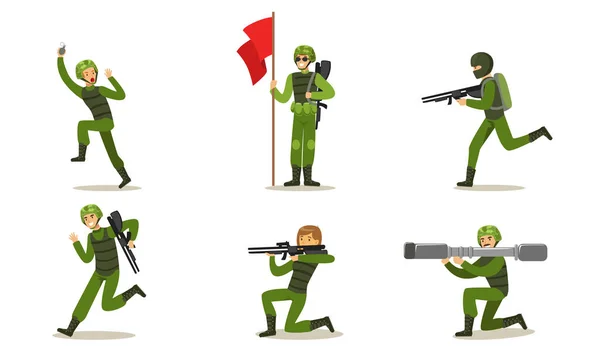 Set of military men in green uniform. Vector illustration. — Stock Vector