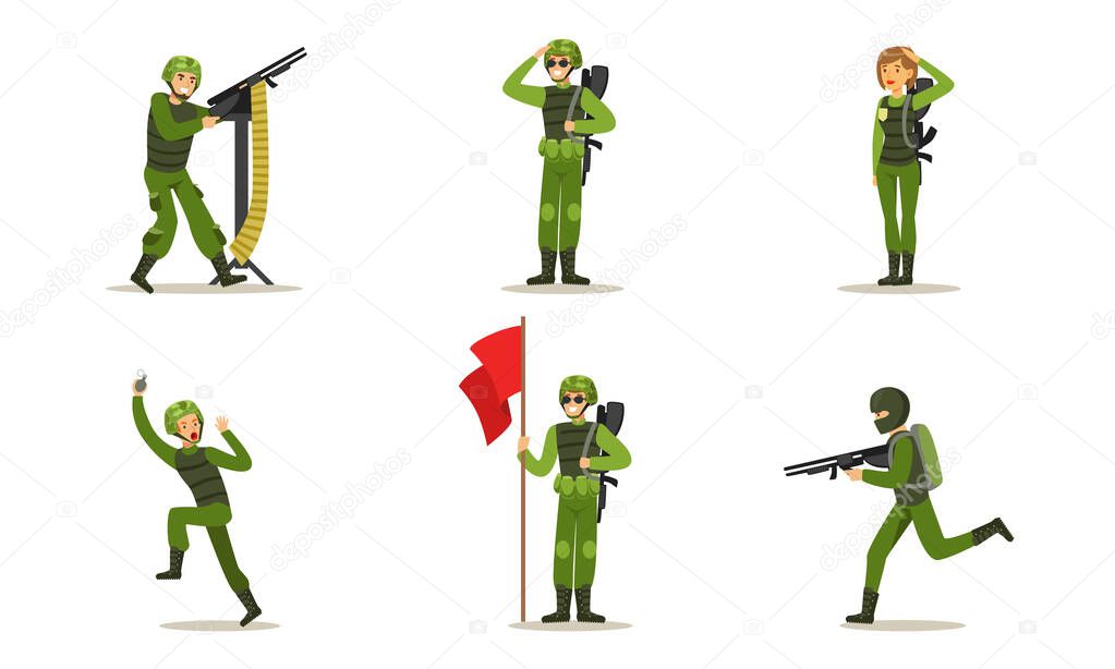 Set of men in green uniform. Vector illustration.