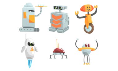 Farklı şekillerde şirin robotlar. Vektör illüstrasyonu.