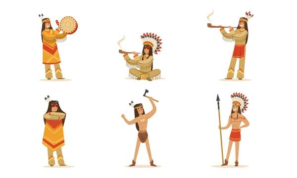 Mężczyźni i kobiety w tradycyjnej odzieży rdzennych Amerykanów. Ilustracja wektora. — Wektor stockowy