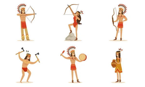 Män och kvinnor i traditionella indianska kläder med vapen. Vektorillustration. — Stock vektor