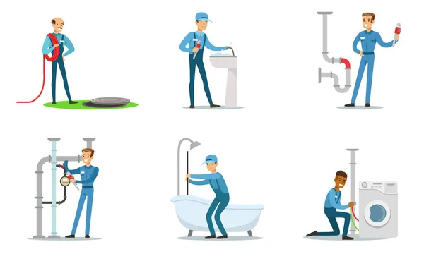 Set of plumbers at work. Vector illustration. — Stock Vector