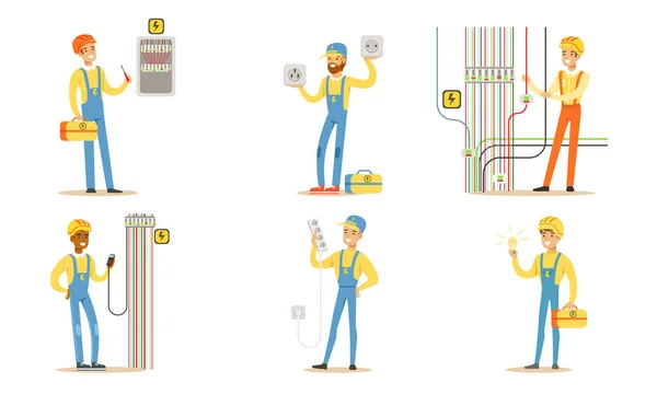Mannelijke elektriciens in blauwe en oranje overall werken. Vectorillustratie. — Stockvector