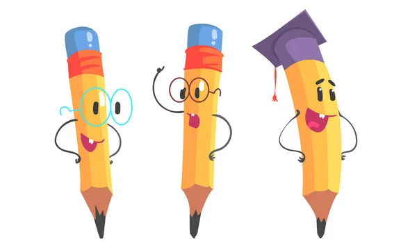 Yellow pencil with hands and glasses. Vector illustration. — Stock Vector