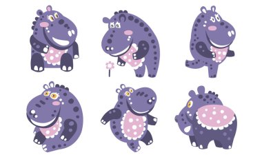 Violet cartoon hippo with a pattern. Vector illustration. clipart