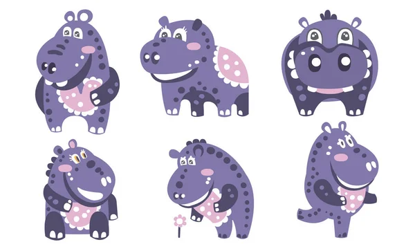 Zestaw kreskówkowych fioletowych hipopotamów z wzorem. Ilustracja wektora. — Wektor stockowy