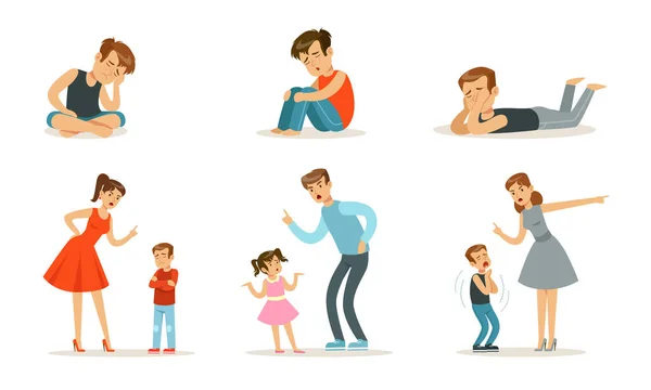 Les adolescents et les parents énervés grondent les enfants. Illustration vectorielle . — Image vectorielle