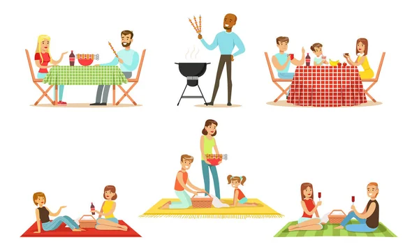 Men and women on the barbecue and picnics. Vector illustration. — Stock Vector