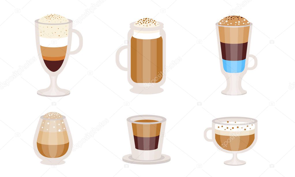 Different types of coffee cocktails with milk. Vector illustration.