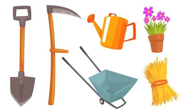 Διαφορετικά εργαλεία για ένα αγρόκτημα και ένα λουλούδι σε μια κατσαρόλα. Εικονογράφηση διανύσματος. — Διανυσματικό Αρχείο
