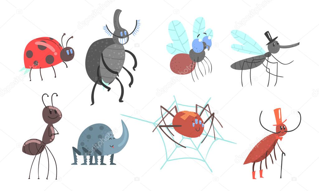 Set of different beetles and insects. Vector illustration.