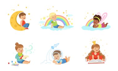 Bebekler ve sihirli rüyalar. Beyaz Arkaplanda Vektör illüstrasyonu.