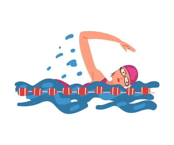 Personaje de deportista profesional nadando en una piscina, estilo de natación gatera, estilo de vida saludable activo Vector Illustration — Vector de stock