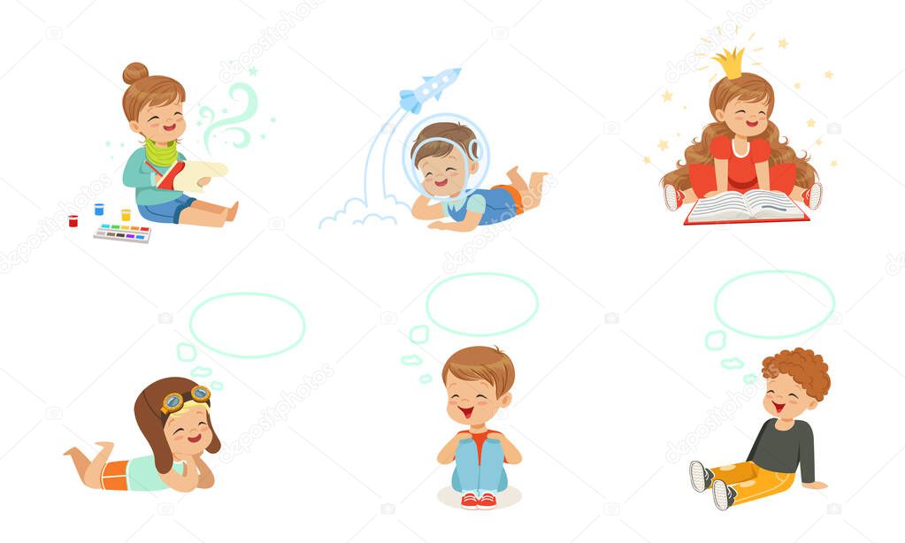 Joyful boys and girls toddlers dream. Vector illustration.