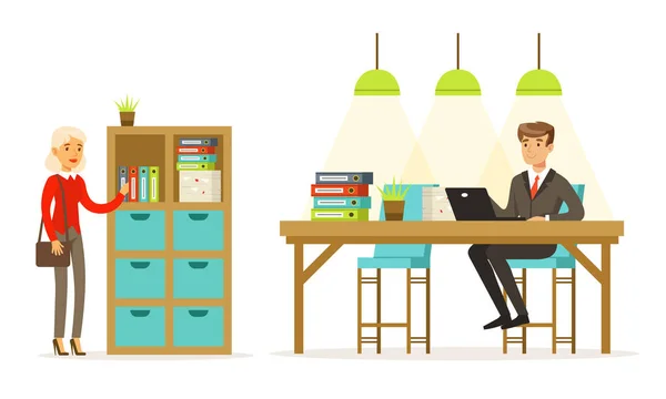 Man and woman in the office. Vector illustration. — Stock Vector