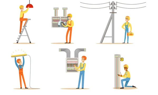 O eletricista em um capacete e uniforme trabalha. Ilustração vetorial . —  Vetores de Stock