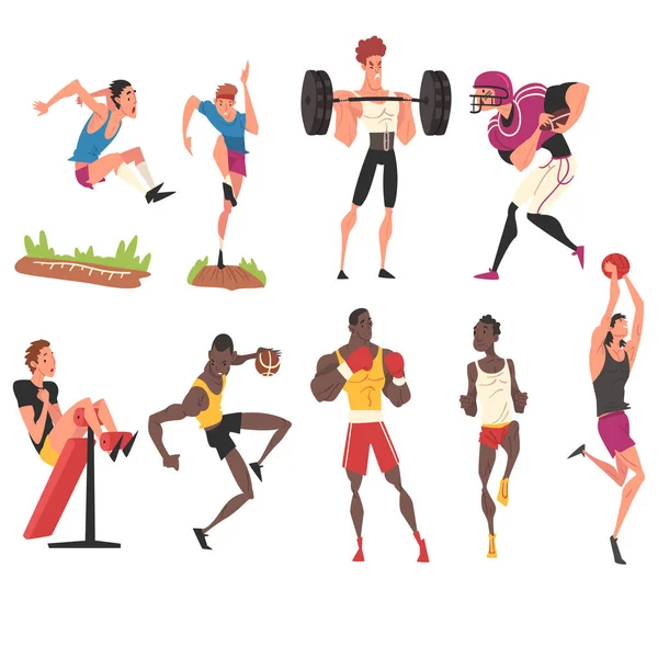 Personajes de atletas profesionales masculinos en ropa deportiva que hacen varios tipos de deportes, estilo de vida activo del deporte Vector Ilustración Vector Ilustración — Archivo Imágenes Vectoriales