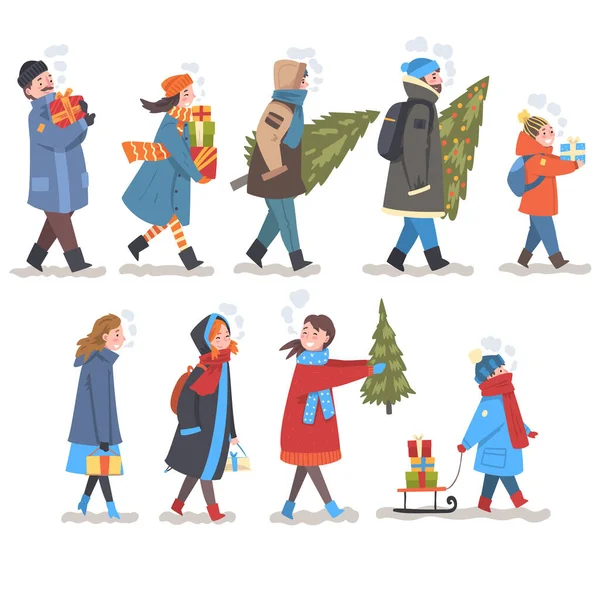 Ensemble de boîtes-cadeaux et de sapins, hommes, femmes et enfants se préparant pour Noël et le Nouvel An Illustration vectorielle — Image vectorielle