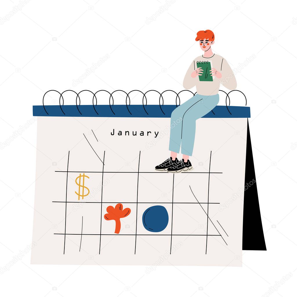 Small Man Sitting on a Big Calendar Planning and Scheduling Important Events, Time Management and Business Planning Vector Illustration
