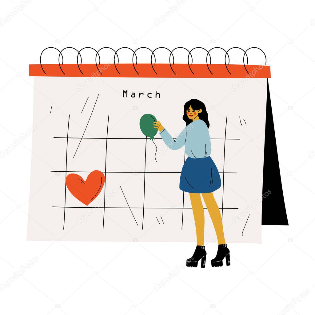 Small Young Woman Standing Near Big Calendar Planning and Scheduling Important Events, Time Management and Business Planning Vector Illustration