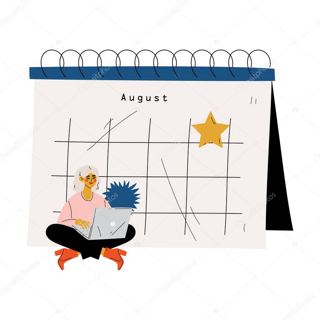 Young Woman Sitting Near Big Calendar Using Laptop Computer, Time Management and Business Planning Vector Illustration