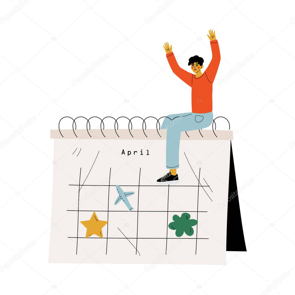 Young Man Sitting on a Big Calendar Planning Important Events, Time Management and Business Planning Vector Illustration