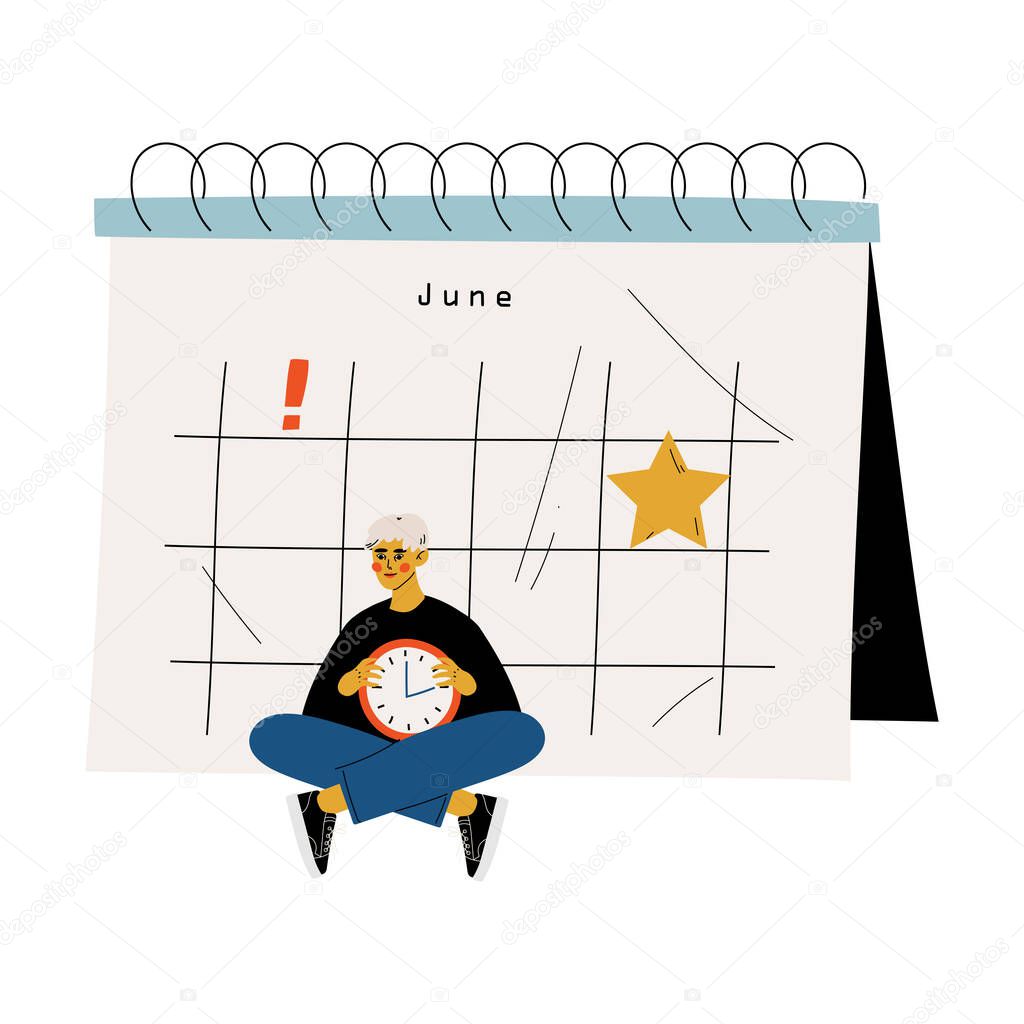 Young Man Sitting Near Big Calendar with Wall Clock, Time Management and Business Planning Vector Illustration