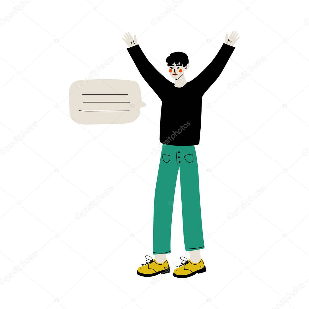 Young Man Communicating with Speech Bubble Flat Vector Illustration