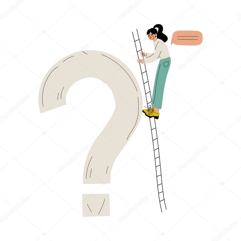 Girl Climbing Ladder to a Big Question Mark, Young Woman Making a Choice or Seeking Solution to a Problem Vector Illustration