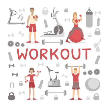 Spor Sancak Şablonu, Spor Malzemeleri Vektörüyle Egzersiz Yapan İnsanlar