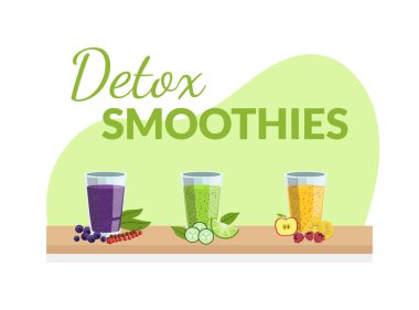 Meyvelerden, meyvelerden ve sebzelerden yapılmış taze içeceklerle Detox Smoothies Banner Şablonu