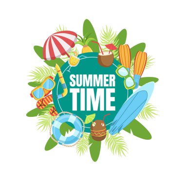 Tropikal Plaj Elementleriyle Yaz Saati Sancak Şablonu, Yaz Tatili Sezon Vektörü İllüstrasyonu