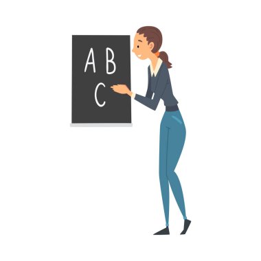 Kadın Öğretmen Kiremit Tahtası ve Açıklama Dersi Vektörü İllüstrasyonu