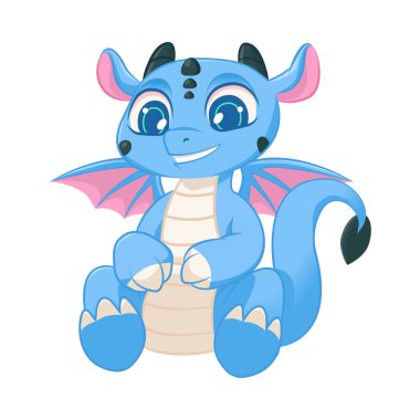 Şirin Mavi Küçük Ejder, Sevimli Mitolojik Hayvan Karakteri Vektör Çizimi