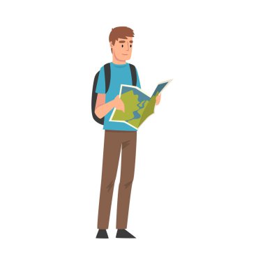 Sırt çantalı Erkek Turist Yol Haritası Planlama, Yaz Seyahati, Kamp, Sırt Çantası Seyahati veya Sefer Vektör İlülasyonu