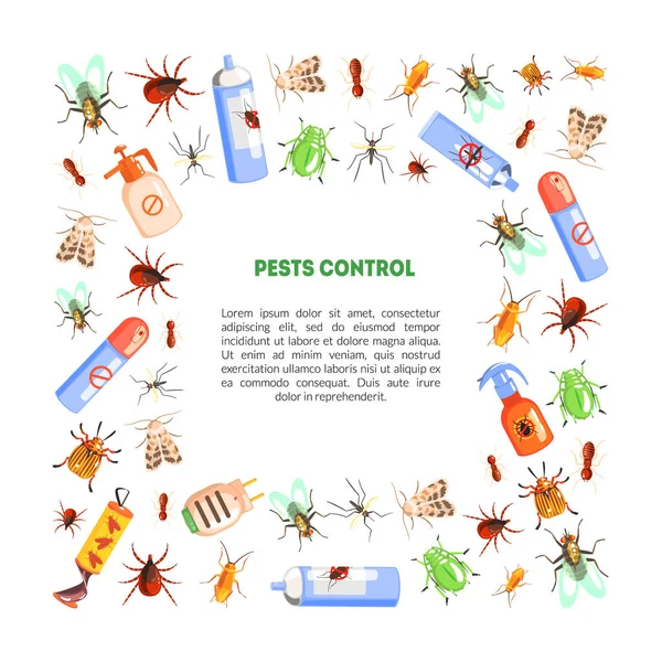 Modèle de bannière antiparasitaire avec espace pour texte avec insectes nuisibles et insecticides Illustration vectorielle — Image vectorielle