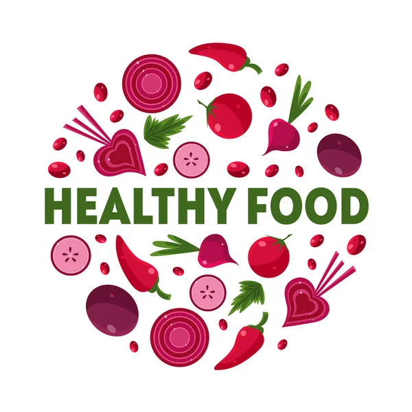 Friska livsmedel Banner mall av runda form med röda mogna grönsaker och bär vektor Illustration — Stock vektor