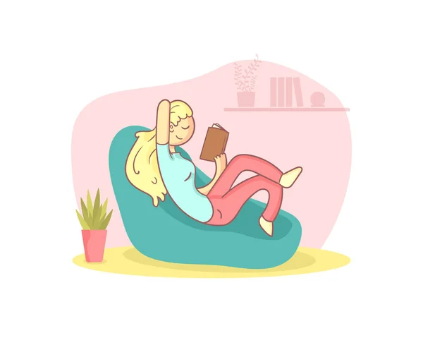 Fille assise dans le fauteuil et le livre de lecture, personne se relaxant à la maison Illustration vectorielle — Image vectorielle