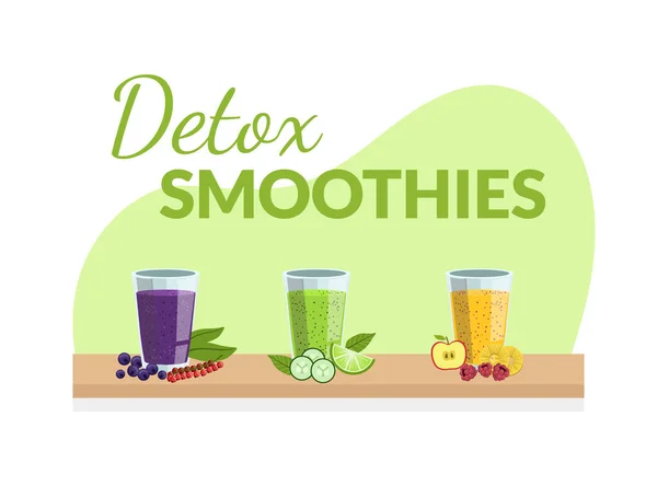 Detox Smoothies Banner Template with Fresh Drinks Made of Fruits, Berries and Vegetables Vector Illustration — Stock Vector