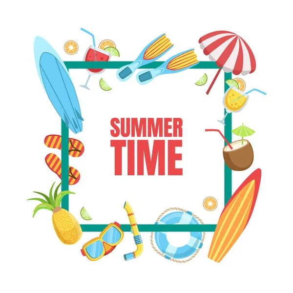 Modelo de Bandeira de Tempo de Verão com Elementos de Praia Tropical, Ilustração de Vetor de Temporadas de Férias de Verão Exóticas — Vetor de Stock