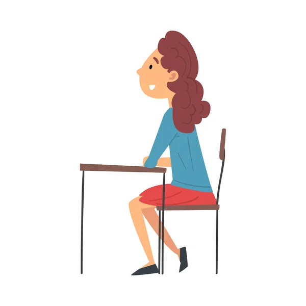 Meisje student zitten aan de balie in de klas en aandachtig luisteren, Side View Vector Illustration — Stockvector