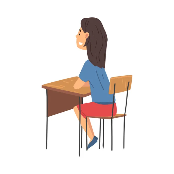 Meisje zit aan de balie in klaslokaal en luistert aandachtig, Side View Vector Illustration — Stockvector