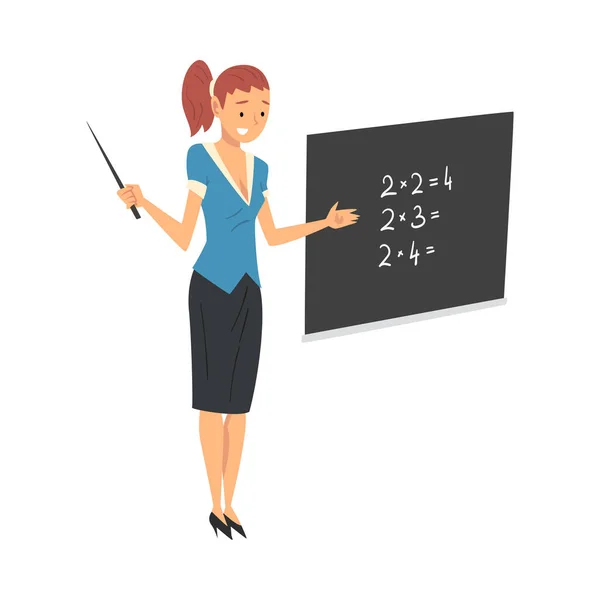 Kvinnlig lärare stående bredvid Chalkboard och förklara matematik lektion vektor Illustration — Stock vektor