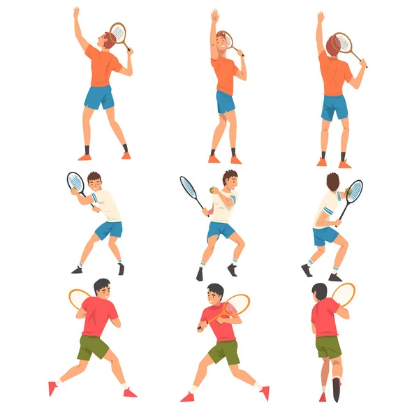 Ensemble de joueurs de tennis, personnages d'athlètes masculins en uniforme avec raquettes participant à l'illustration vectorielle de compétition — Image vectorielle