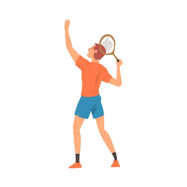 Joueur de tennis avec raquette de tennis, Athlète en uniforme participant à la compétition, Vue de derrière Illustration vectorielle — Image vectorielle