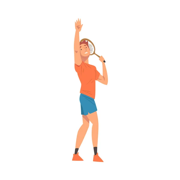 Joueur de tennis masculin avec raquette de tennis, personnage d'athlète en uniforme participant à l'illustration vectorielle de compétition — Image vectorielle