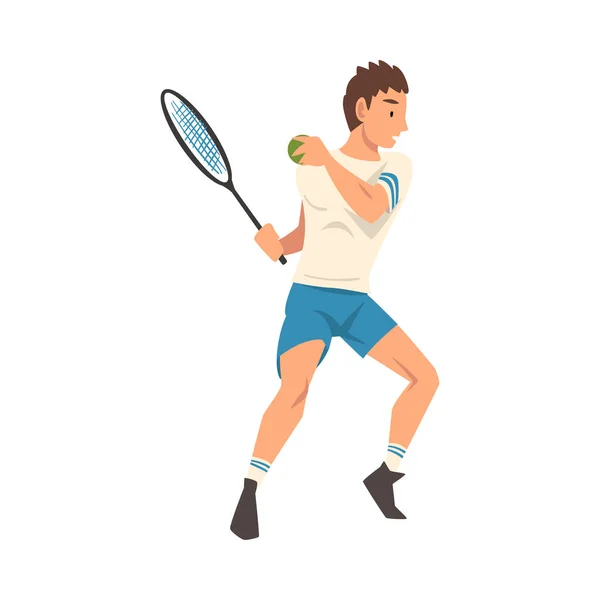 Joueur de tennis avec raquette, athlète masculin en uniforme participant à la compétition Illustration vectorielle — Image vectorielle