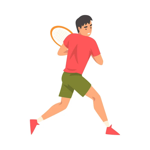 Tenista s raketou, sportovec postava v uniformě v Acrion vektorové ilustrace — Stockový vektor